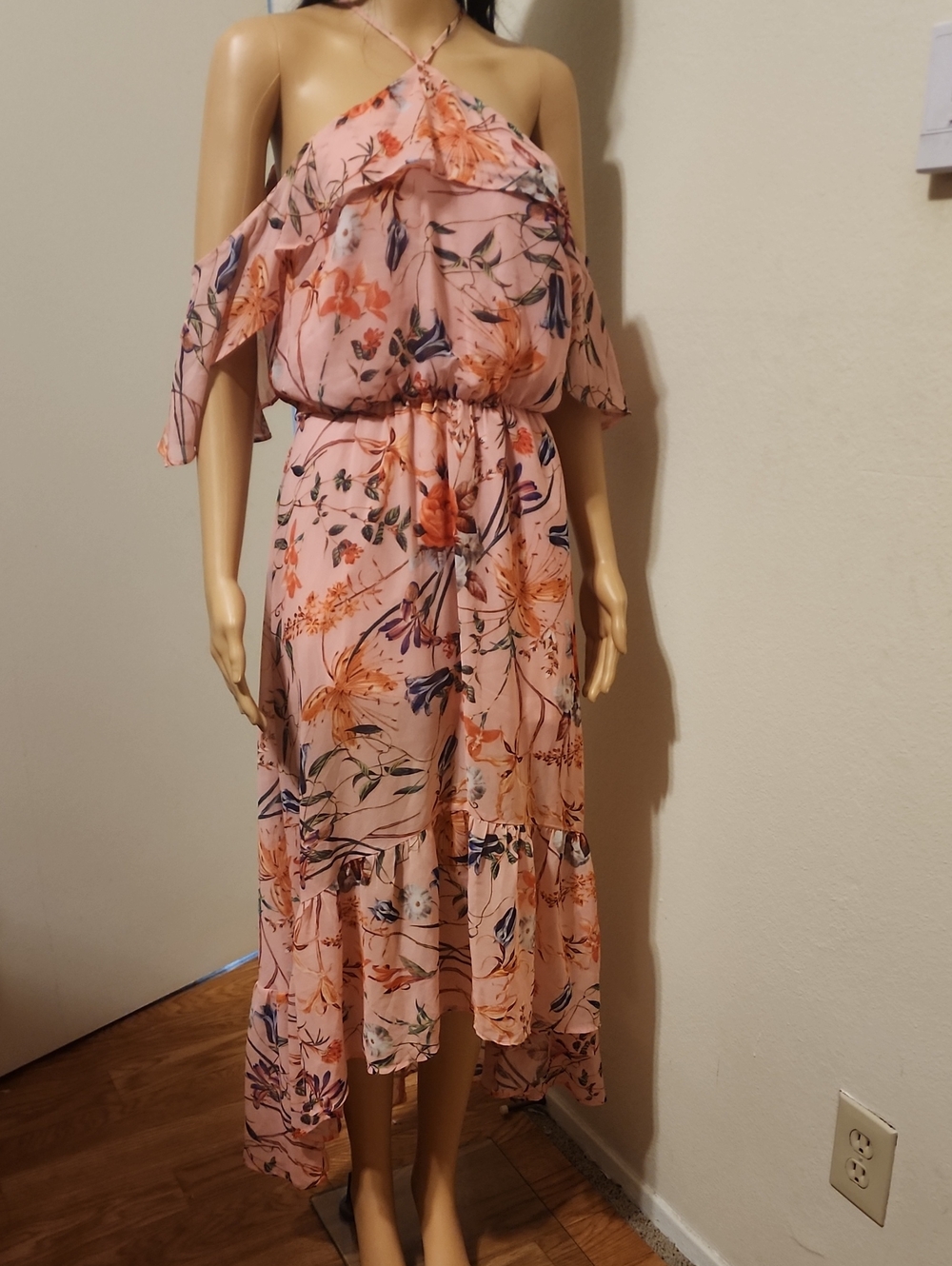 Belle & Sky Pink Floral High-Low Halter Maxi Dress